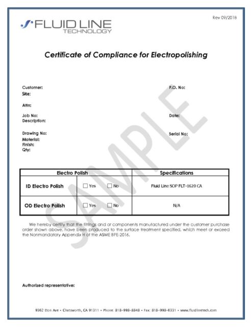 Certificate of Compliance for Electropolishing