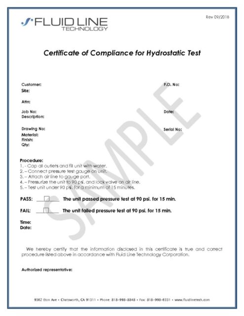 Certificate of Compliance for Hydrostatic Test