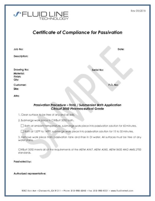 Certificate of Compliance for Passivation