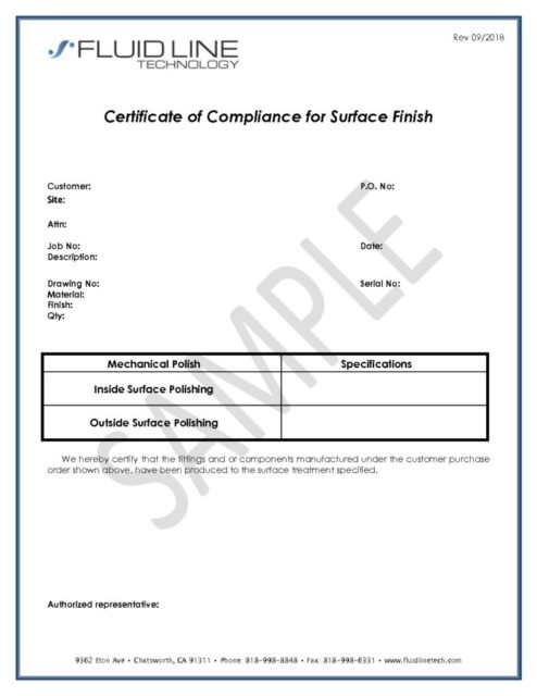 Certificate of Compliance for Surface Finish